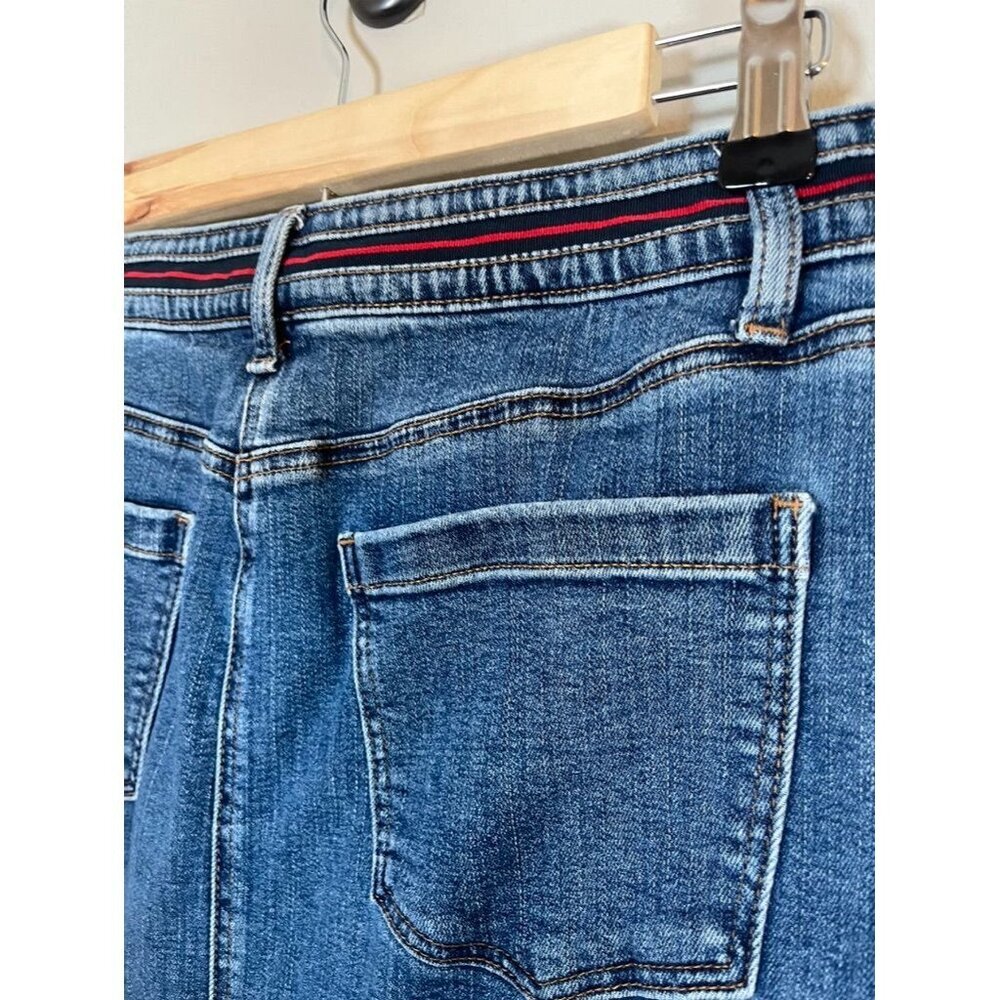 Talbots Skirt Women 8 Blue Denim Red Stripe Jean Midi Retro Boho Hippie Hipster - Picture 8 of 11